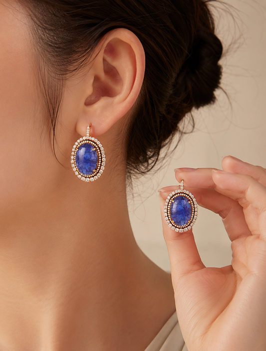 2.42 ct Oval Tanzanite with White Diamond Earrings in 18K Gold