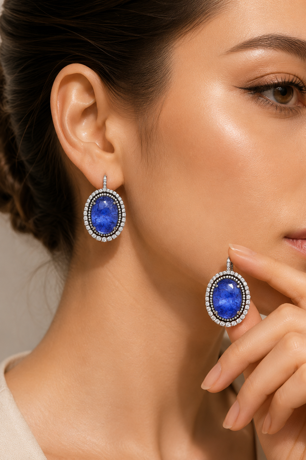 2.42 ct Oval Tanzanite with White Diamond Earrings in 18K Gold