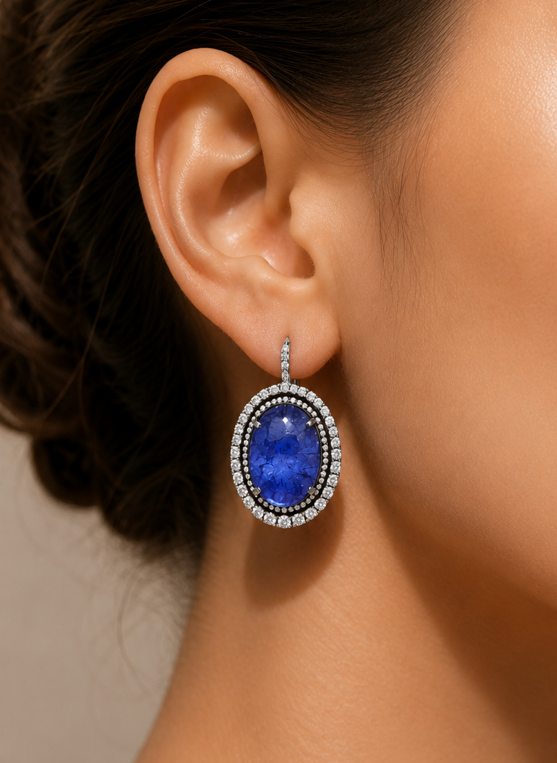 2.42 ct Oval Tanzanite with White Diamond Earrings in 18K Gold