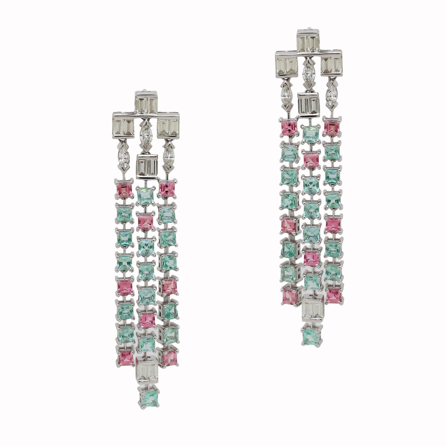 1.74 ct Baguette Diamond with Emerald, Tourmaline and Marquise Diamond Earrings in 18K Gold