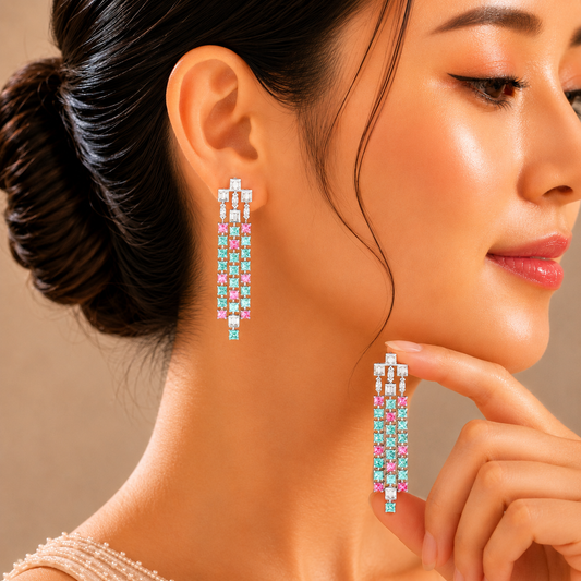 1.74 ct Baguette Diamond with Emerald, Tourmaline and Marquise Diamond Earrings in 18K Gold