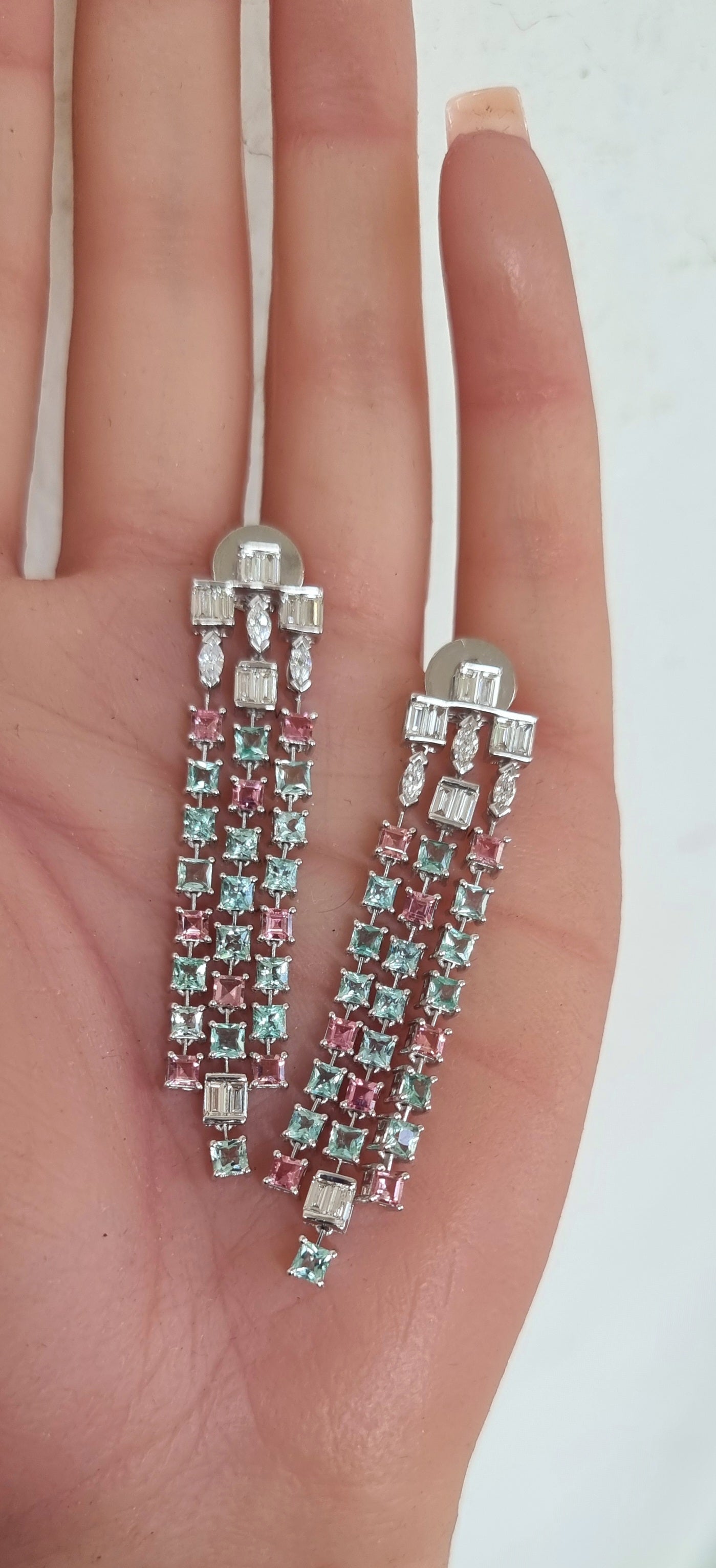 1.74 ct Baguette Diamond with Emerald, Tourmaline and Marquise Diamond Earrings in 18K Gold