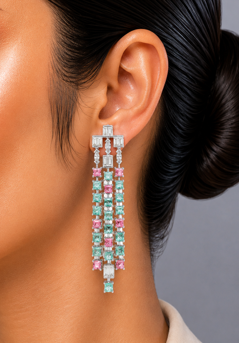 1.74 ct Baguette Diamond with Emerald, Tourmaline and Marquise Diamond Earrings in 18K Gold