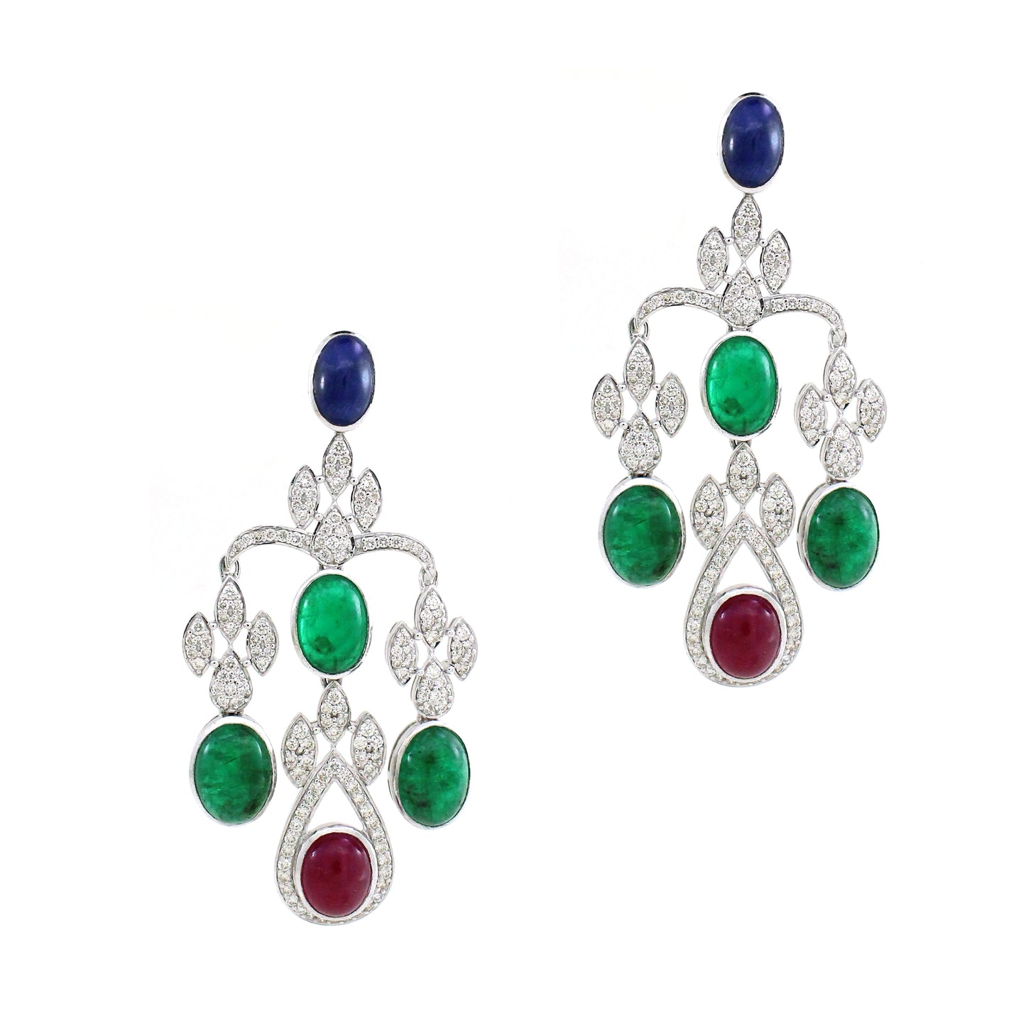 18K Gold Ruby Emerald Sapphire Cluster Necklace with White Diamonds