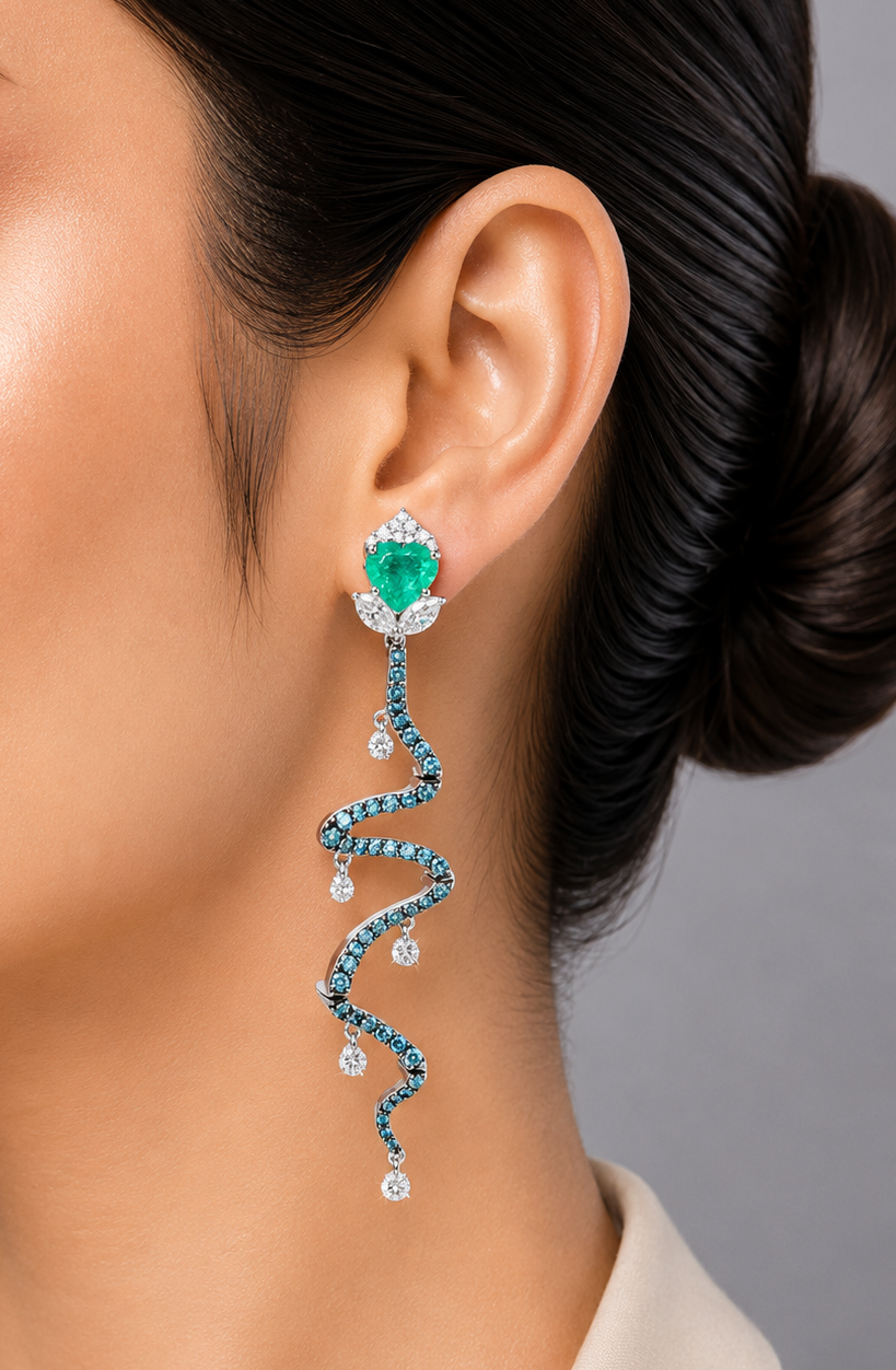 2.58 ct Trillion Emerald with White, Blue, Marquise and Single Drill Diamond Earrings in 18K Gold