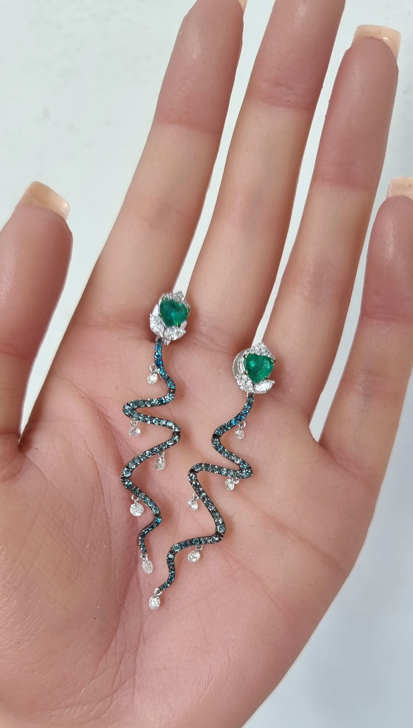 2.58 ct Trillion Emerald with White, Blue, Marquise and Single Drill Diamond Earrings in 18K Gold