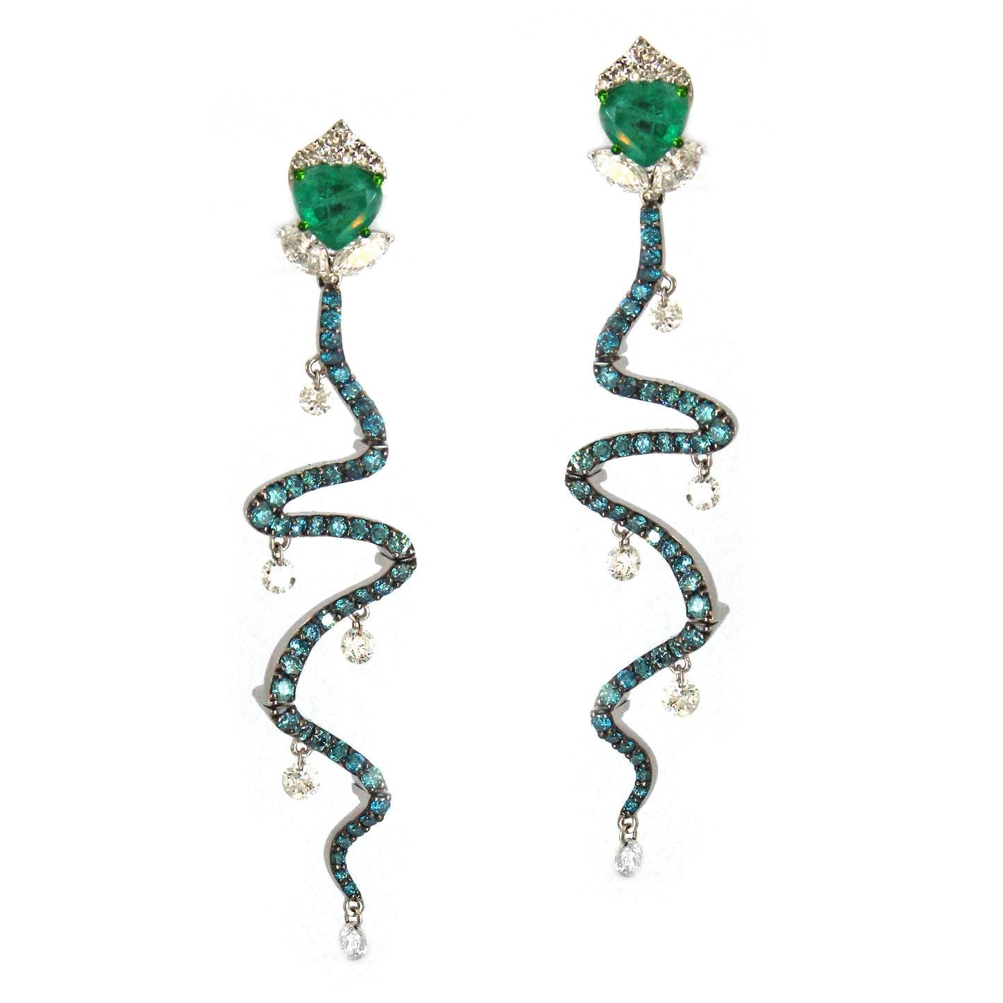 2.58 ct Trillion Emerald with White, Blue, Marquise and Single Drill Diamond Earrings in 18K Gold