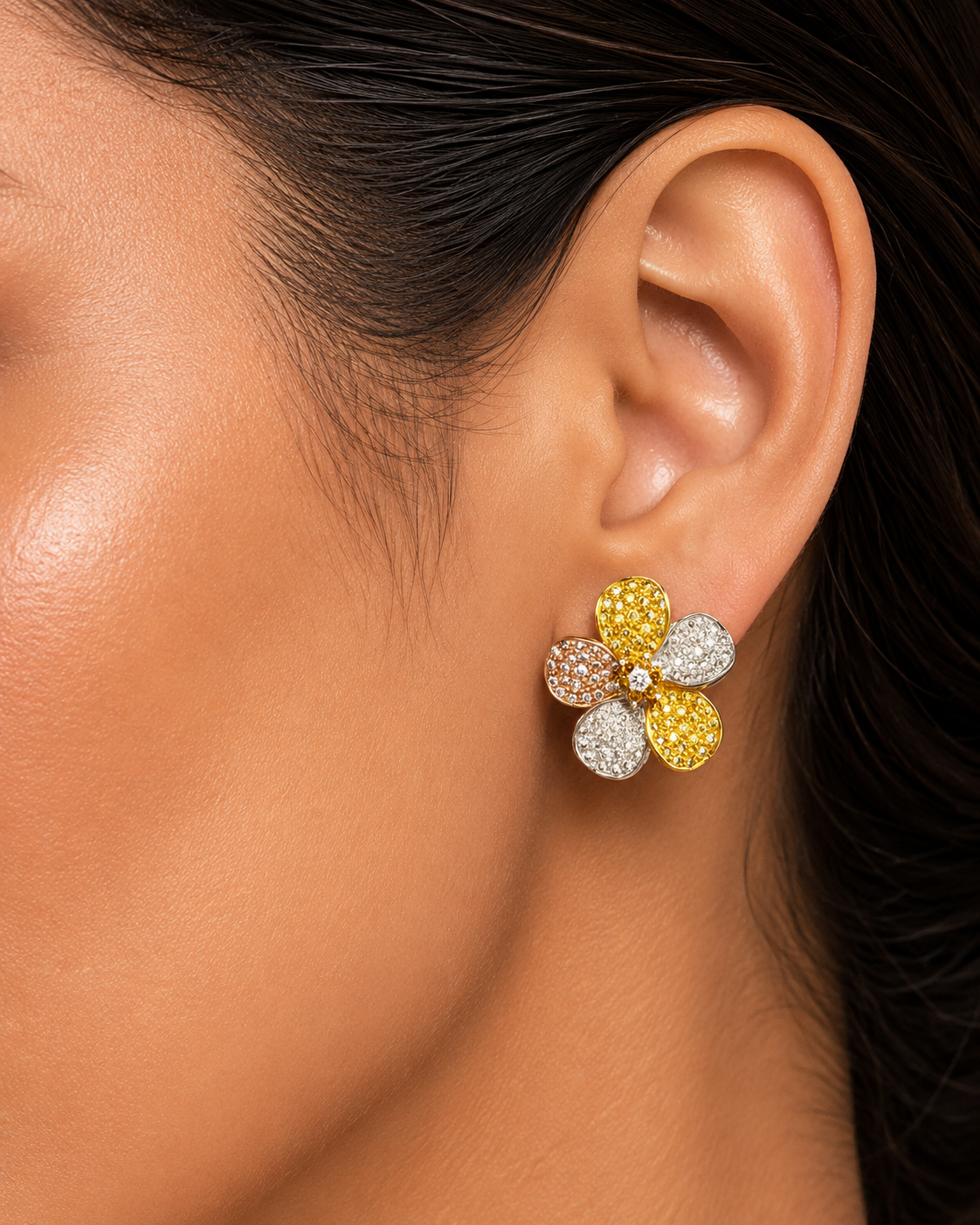 2.4 ct Round White Diamond with Pink Yellow and Brunt Orange Diamond Earrings in 18K Gold