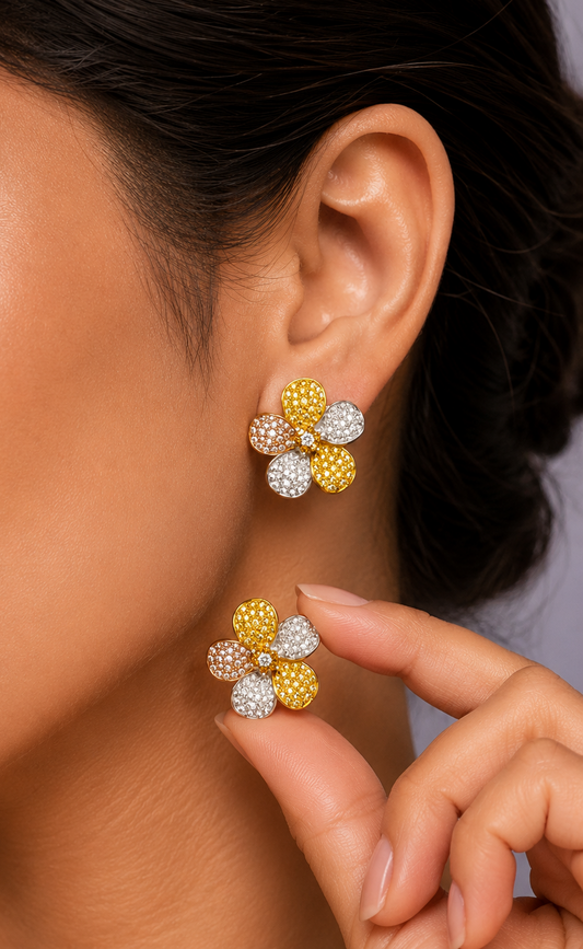 2.4 ct Round White Diamond with Pink Yellow and Brunt Orange Diamond Earrings in 18K Gold
