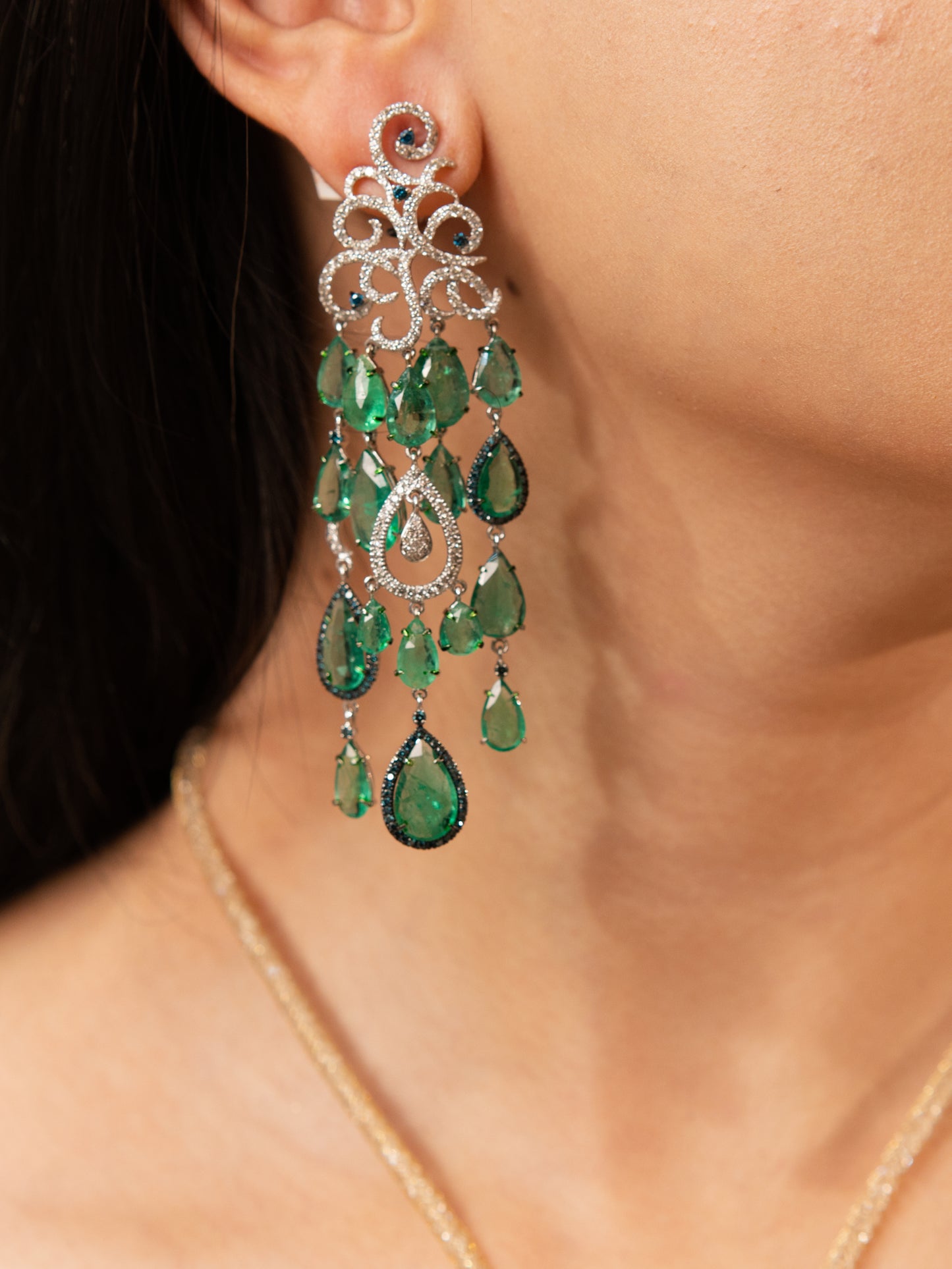 4.00 ct Pear Emerald with White and Blue Diamond Earrings in 18K Gold