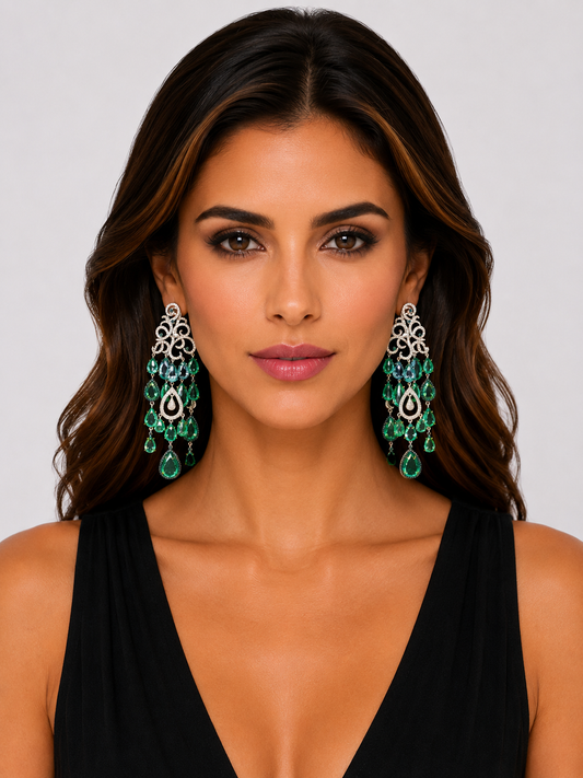 4.00 ct Pear Emerald with White and Blue Diamond Earrings in 18K Gold