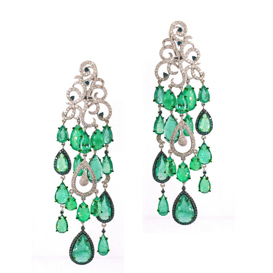 18K Gold Emerald & Diamond Chandelier Earrings – Vintage Blue Diamond Accent Design