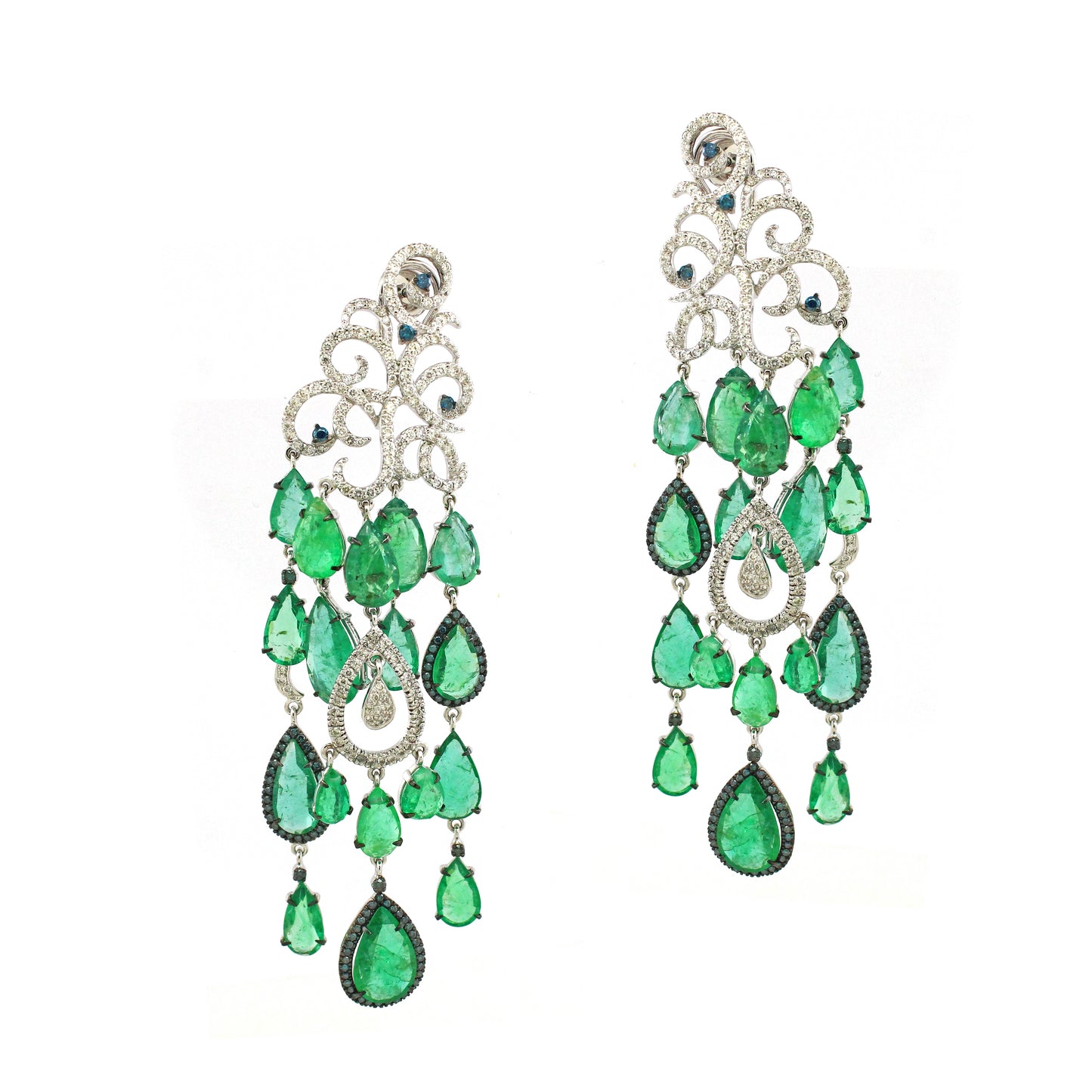 4.00 ct Pear Emerald with White and Blue Diamond Earrings in 18K Gold