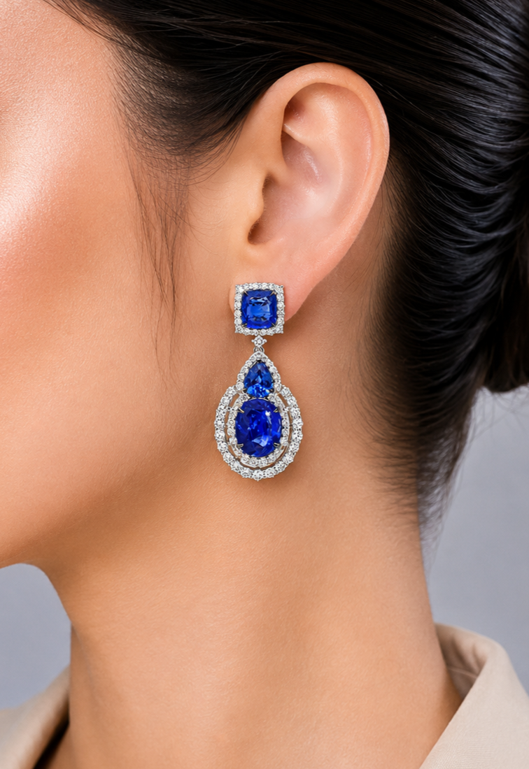 3.17 ct Oval Sapphire with White Diamond Earrings in 18K Gold