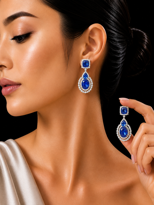 3.17 ct Oval Sapphire with White Diamond Earrings in 18K Gold