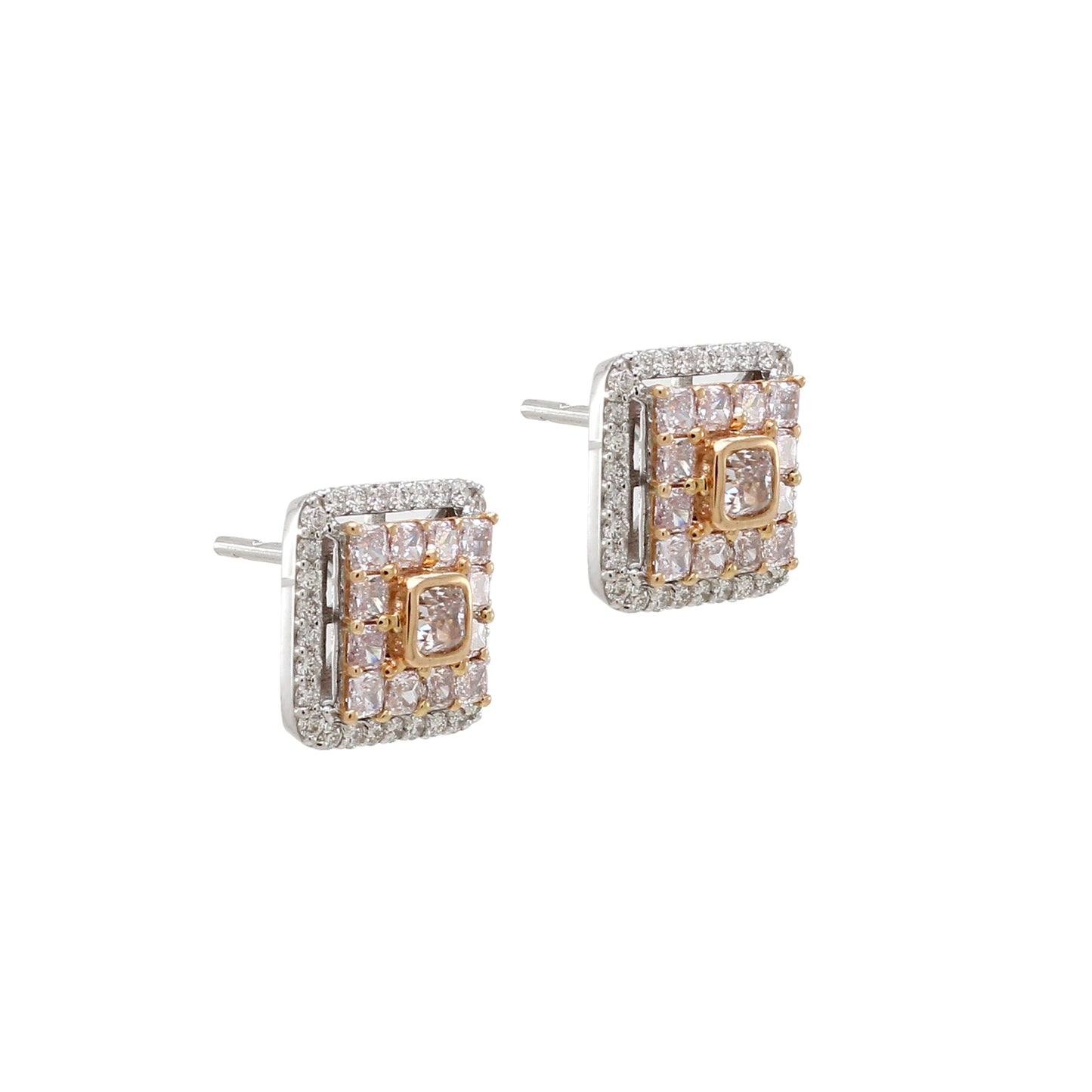 1.76 ct Cushion Pink and White Diamond Earrings in 18K Gold