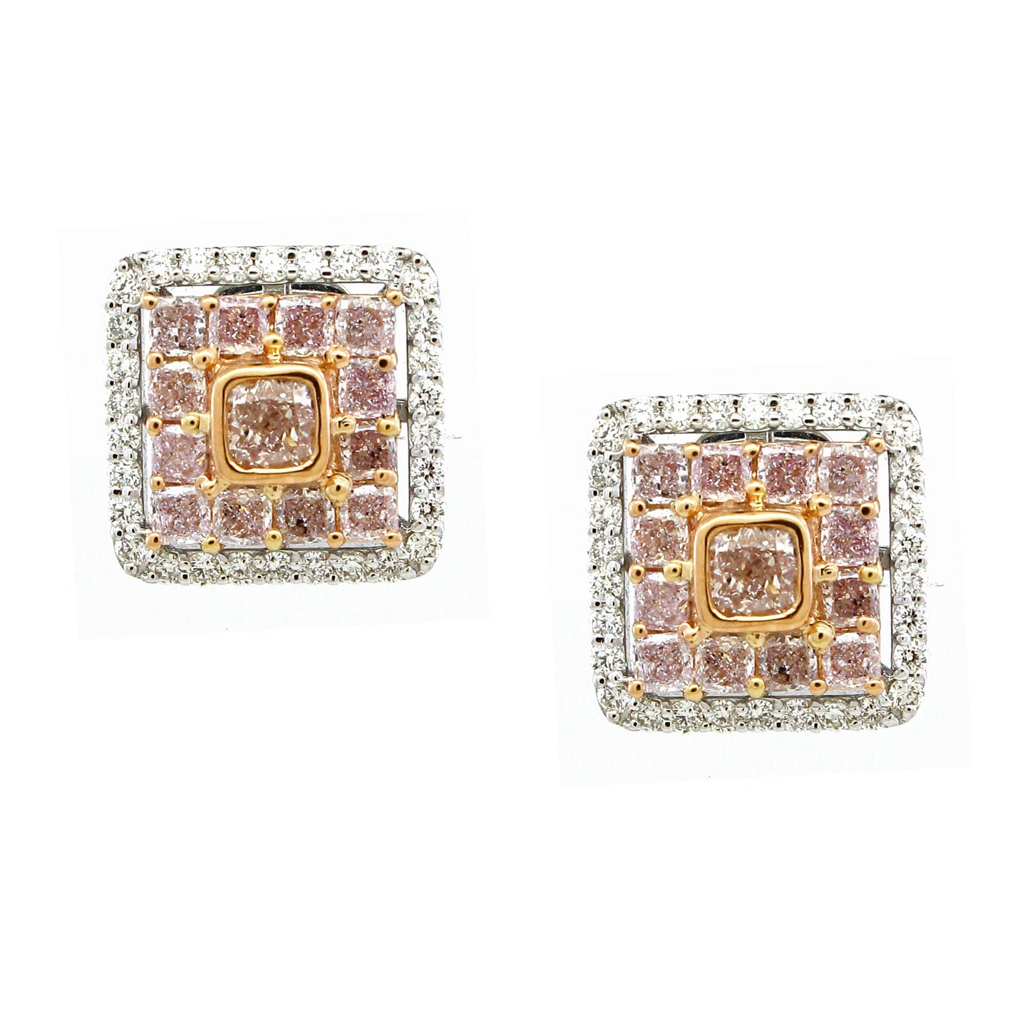1.76 ct Cushion Pink and White Diamond Earrings in 18K Gold