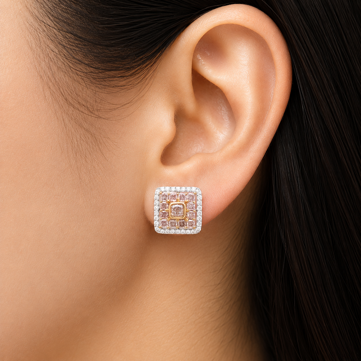 1.76 ct Cushion Pink and White Diamond Earrings in 18K Gold
