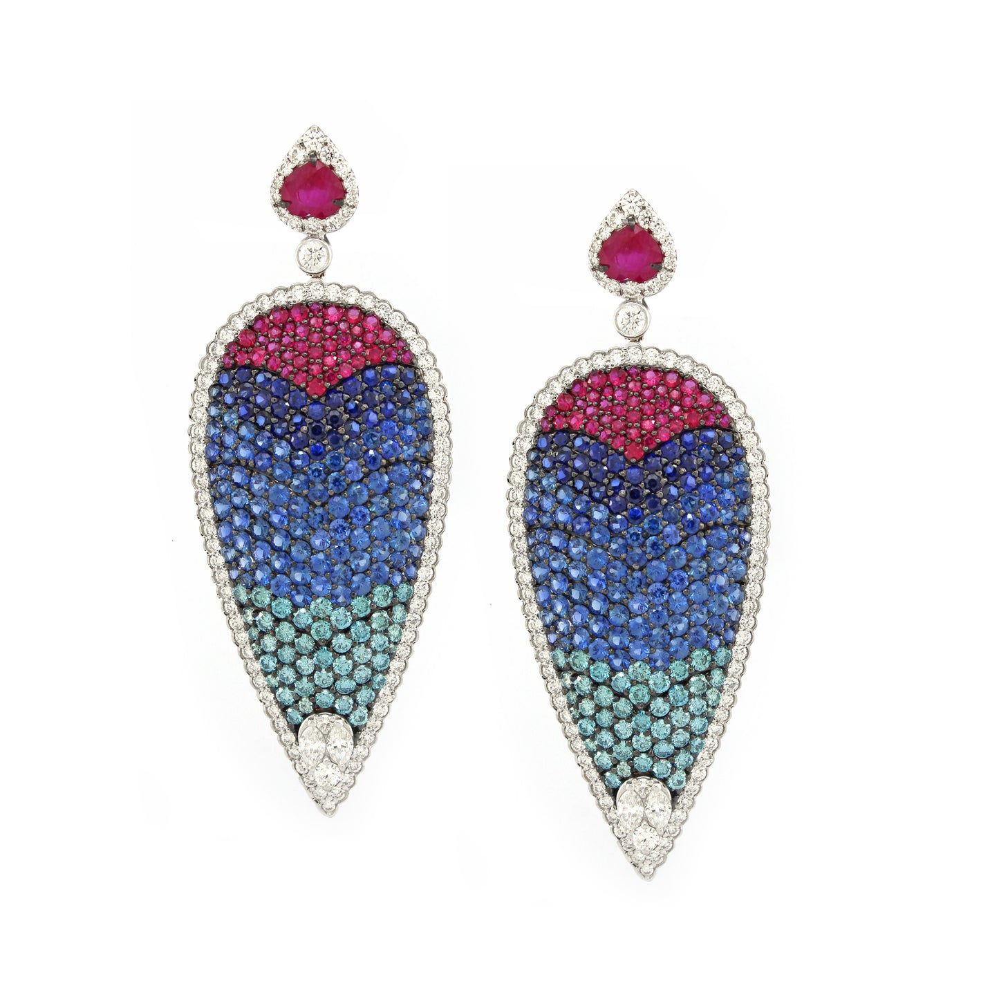 4.74 ct Pear Ruby with Sapphire and White Blue Diamonds Earrings in 18K Gold