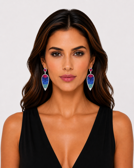 4.74 ct Pear Ruby with Sapphire and White Blue Diamonds Earrings in 18K Gold