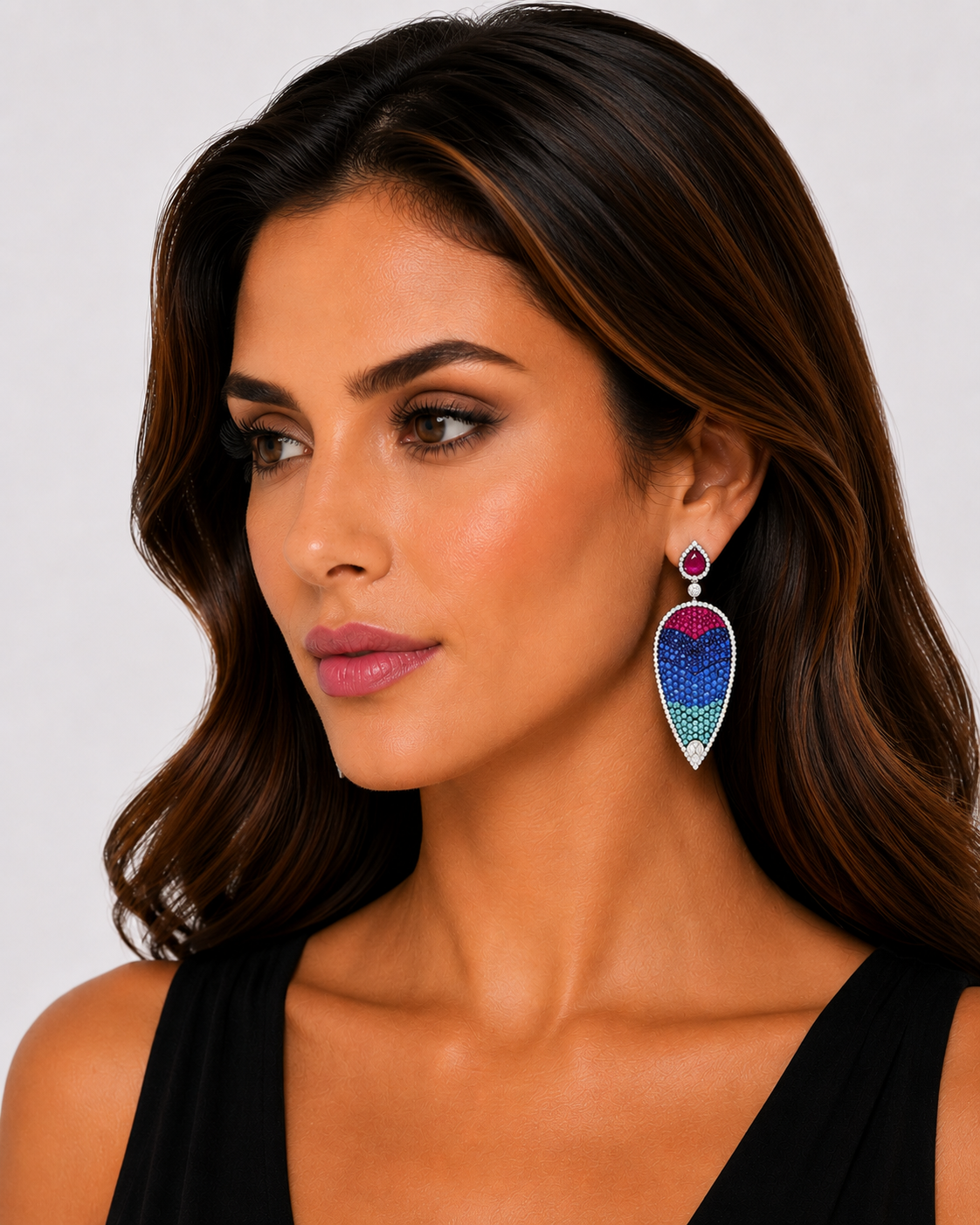 4.74 ct Pear Ruby with Sapphire and White Blue Diamonds Earrings in 18K Gold