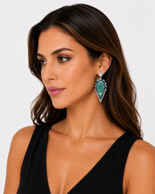 4.05 ct Oval Emerald with Sapphire and white blue diamonds Earrings in 18K Gold