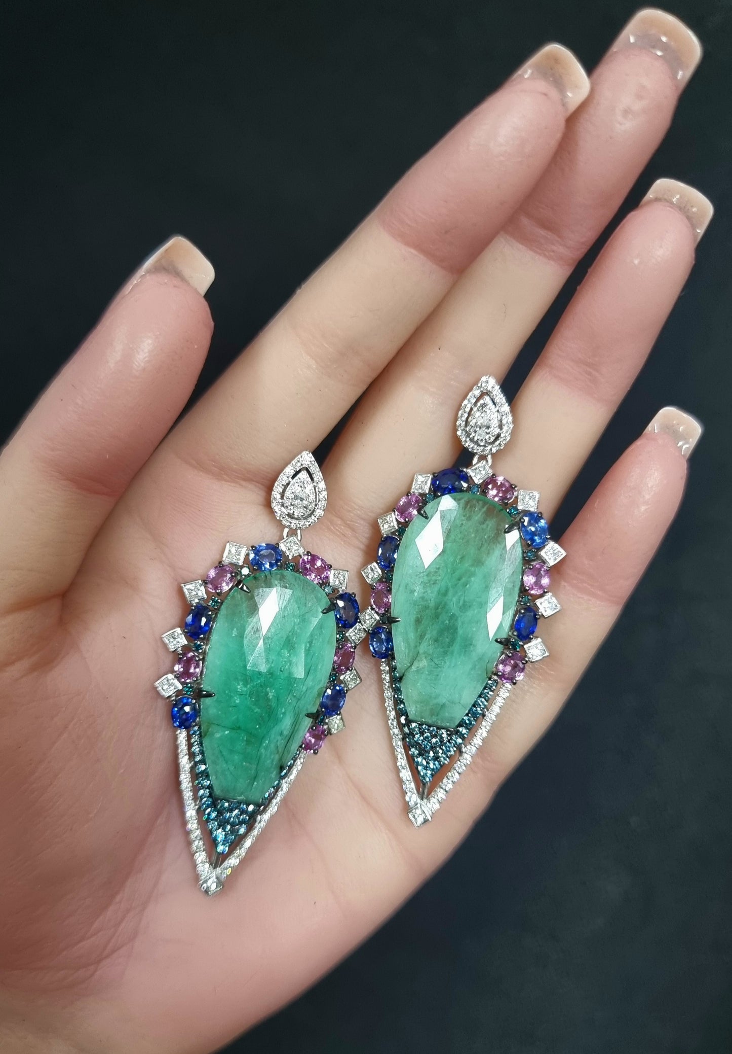 4.05 ct Oval Emerald with Sapphire and white blue diamonds Earrings in 18K Gold