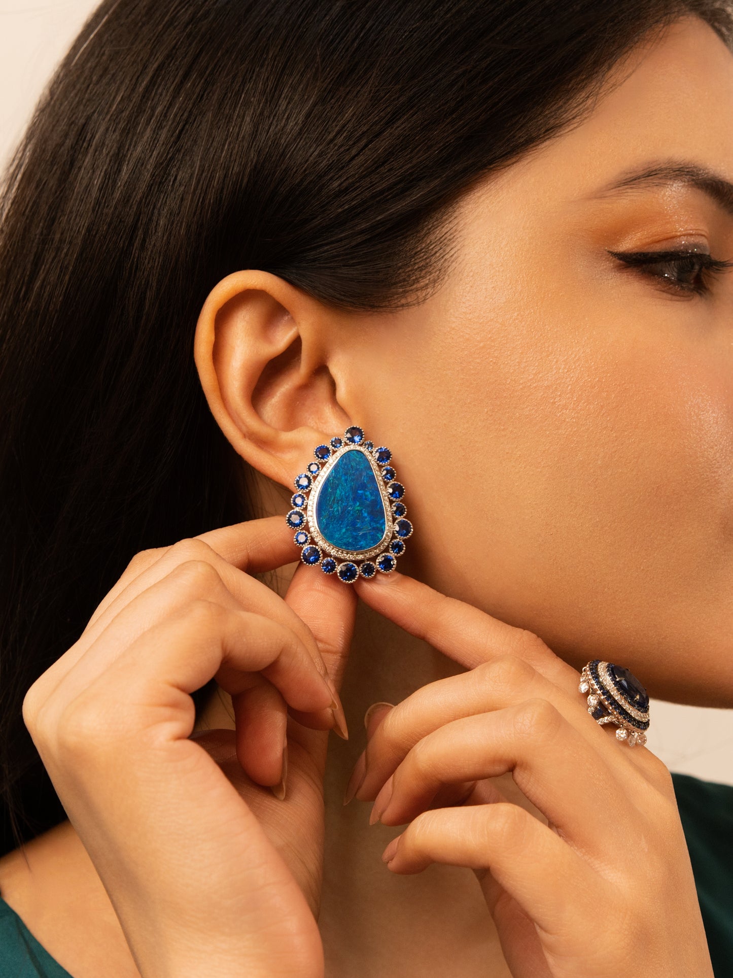 0.79 ct Pear Opal with Sapphire and White Diamond Earrings in 18K Gold