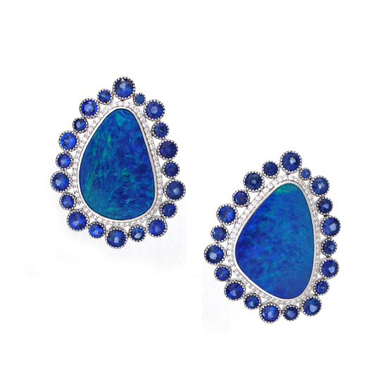 0.79 ct Pear Opal with Sapphire and White Diamond Earrings in 18K Gold