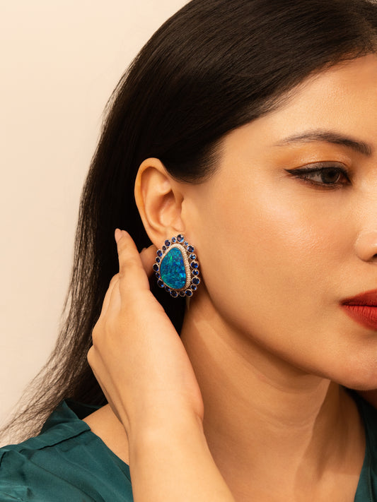 0.79 ct Pear Opal with Sapphire and White Diamond Earrings in 18K Gold