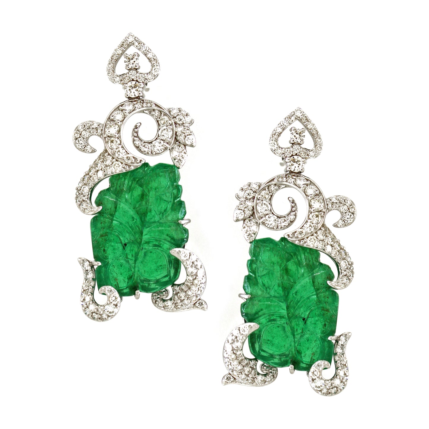 2.09 ct Leaf Emerald with White Diamond Earrings in 18K Gold