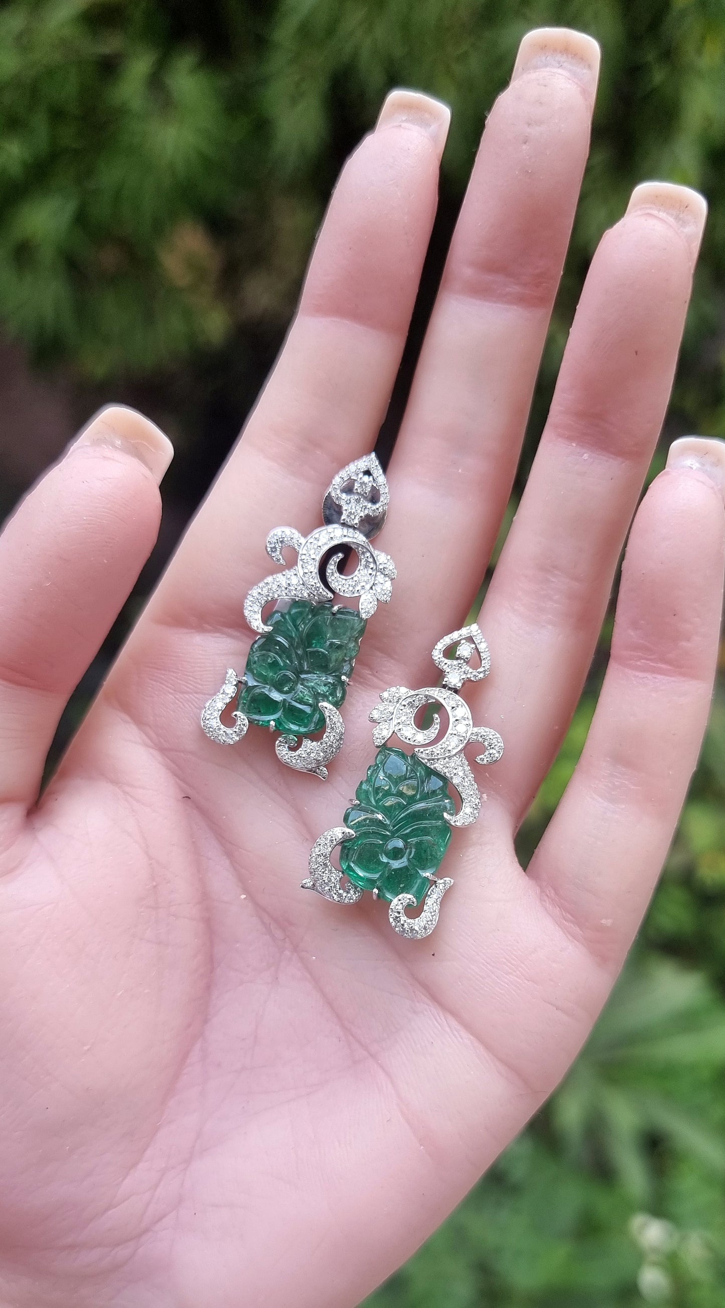 2.09 ct Leaf Emerald with White Diamond Earrings in 18K Gold