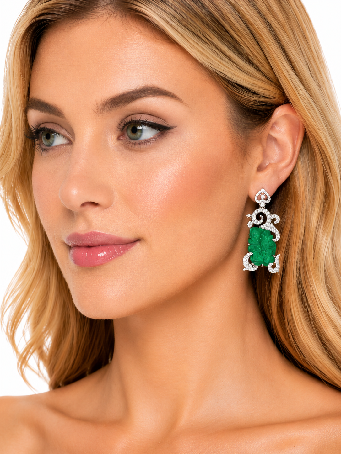 2.09 ct Leaf Emerald with White Diamond Earrings in 18K Gold