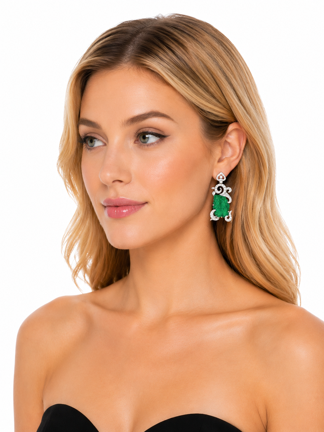 2.09 ct Leaf Emerald with White Diamond Earrings in 18K Gold