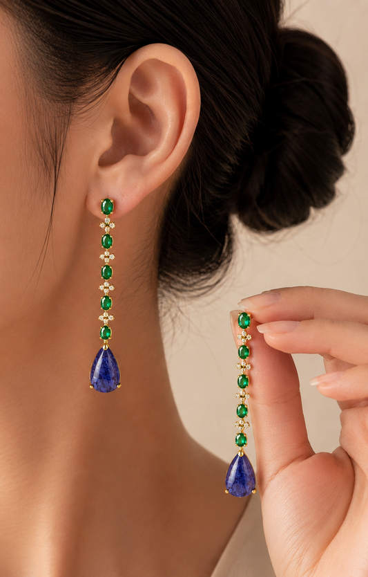 1.15 ct Oval Tanzanite with Emerald and White Diamond Earrings in 18K Gold