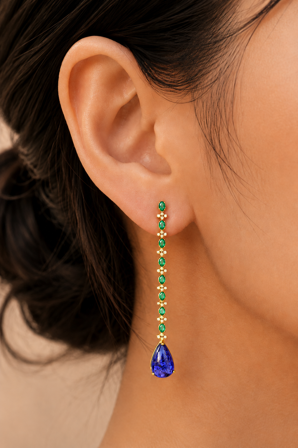 1.15 ct Oval Tanzanite with Emerald and White Diamond Earrings in 18K Gold
