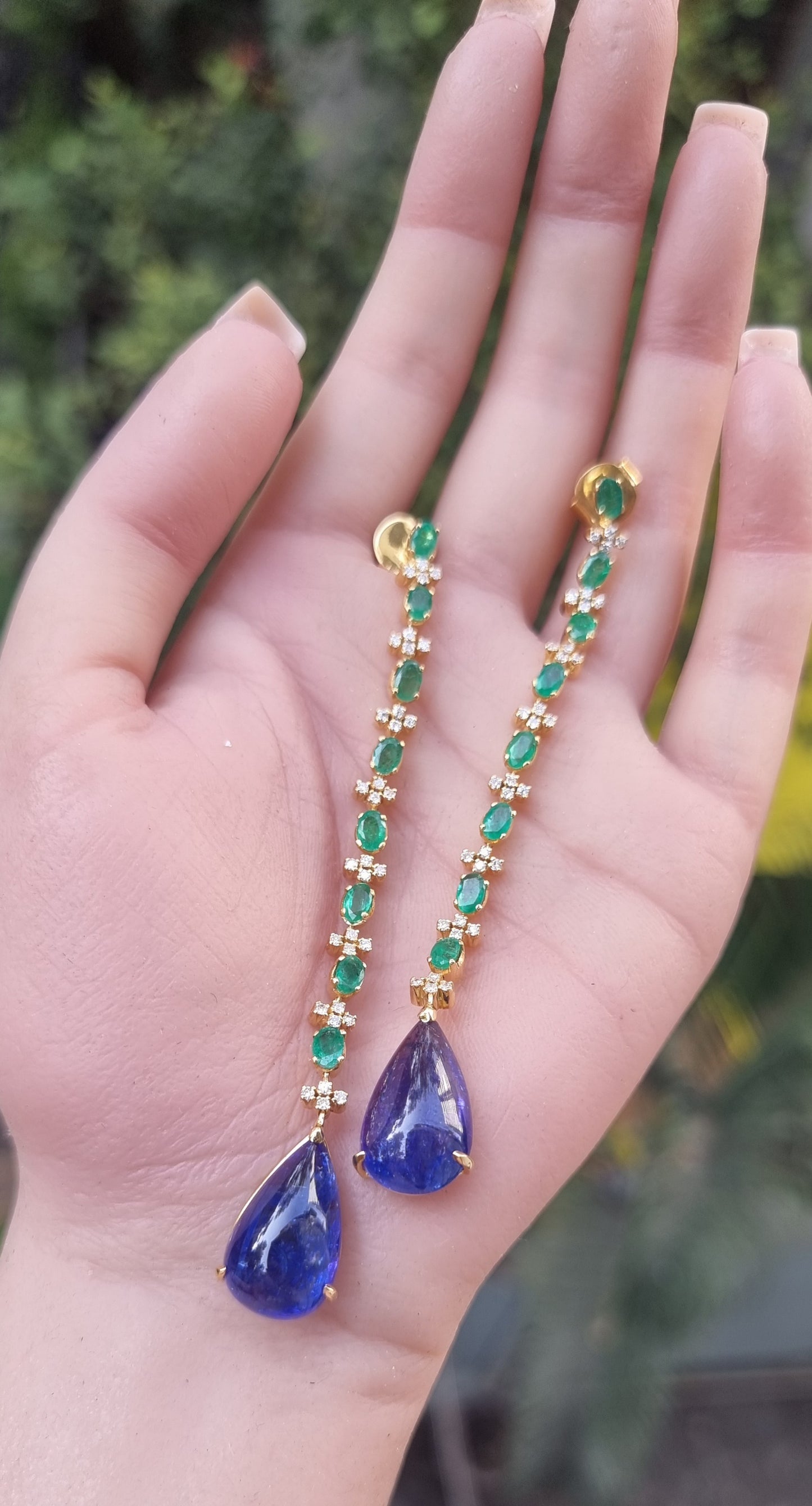 1.15 ct Oval Tanzanite with Emerald and White Diamond Earrings in 18K Gold