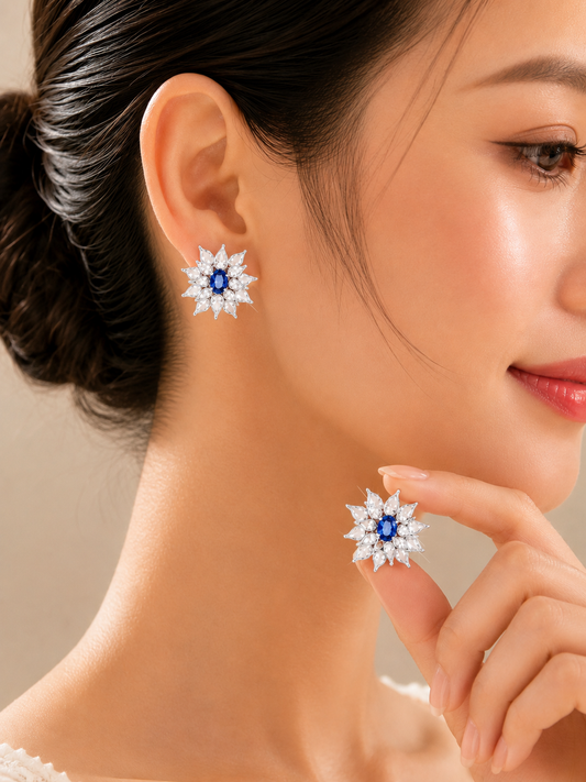 5.49 ct Oval Sapphire with Rose Cut Diamond Earrings in 18K Gold