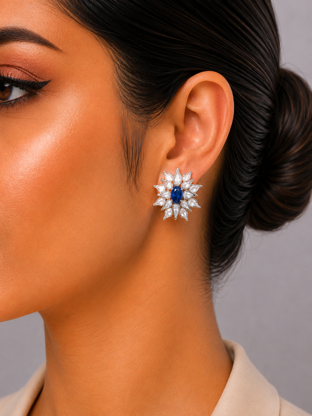 5.49 ct Oval Sapphire with Rose Cut Diamond Earrings in 18K Gold