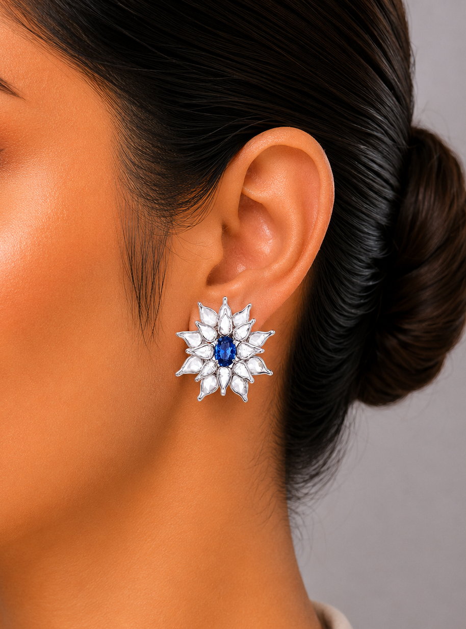 5.49 ct Oval Sapphire with Rose Cut Diamond Earrings in 18K Gold