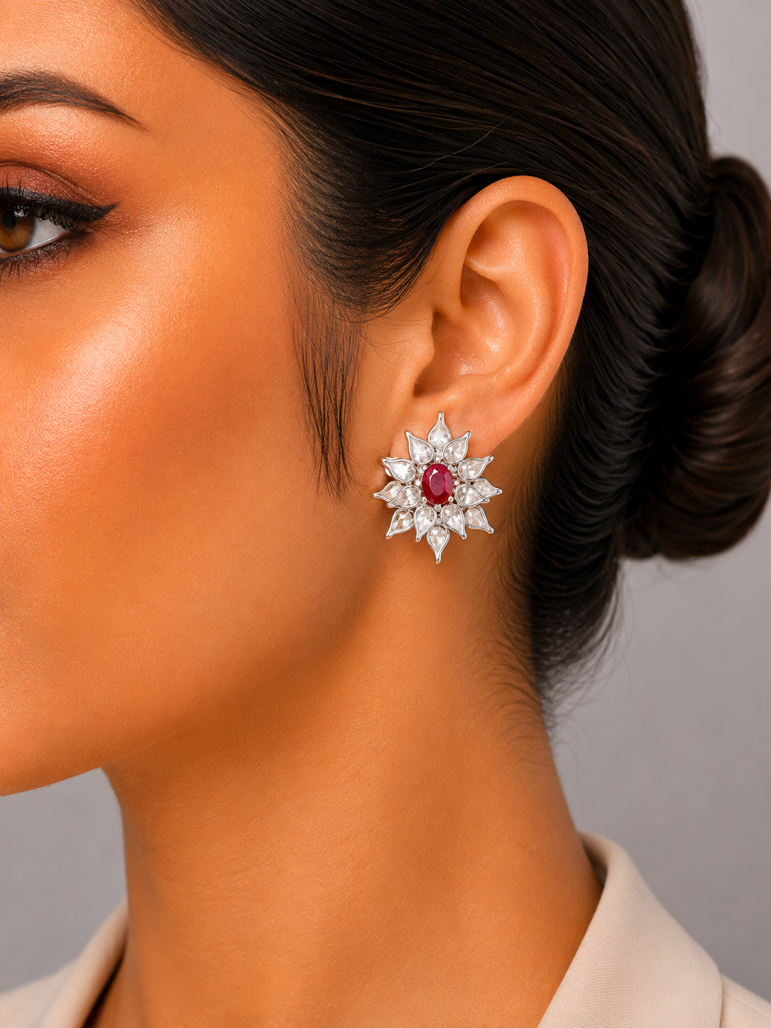 3.47 ct Oval Ruby with Rose Cut Diamond Earrings in 18K Gold