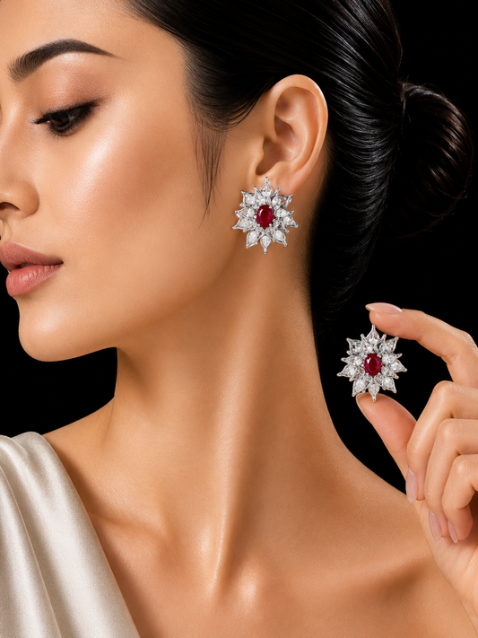 3.47 ct Oval Ruby with Rose Cut Diamond Earrings in 18K Gold