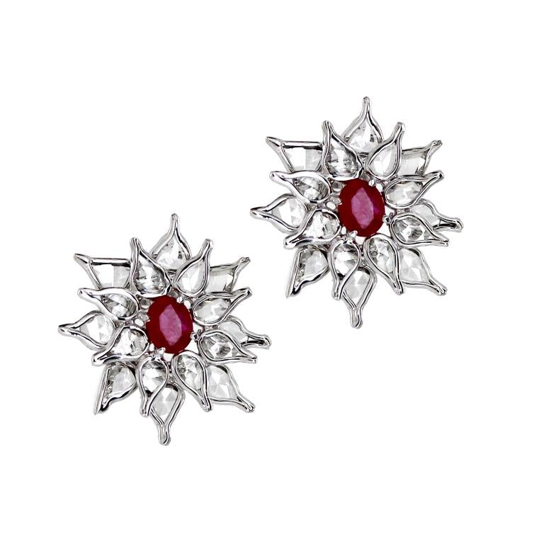 3.47 ct Oval Ruby with Rose Cut Diamond Earrings in 18K Gold