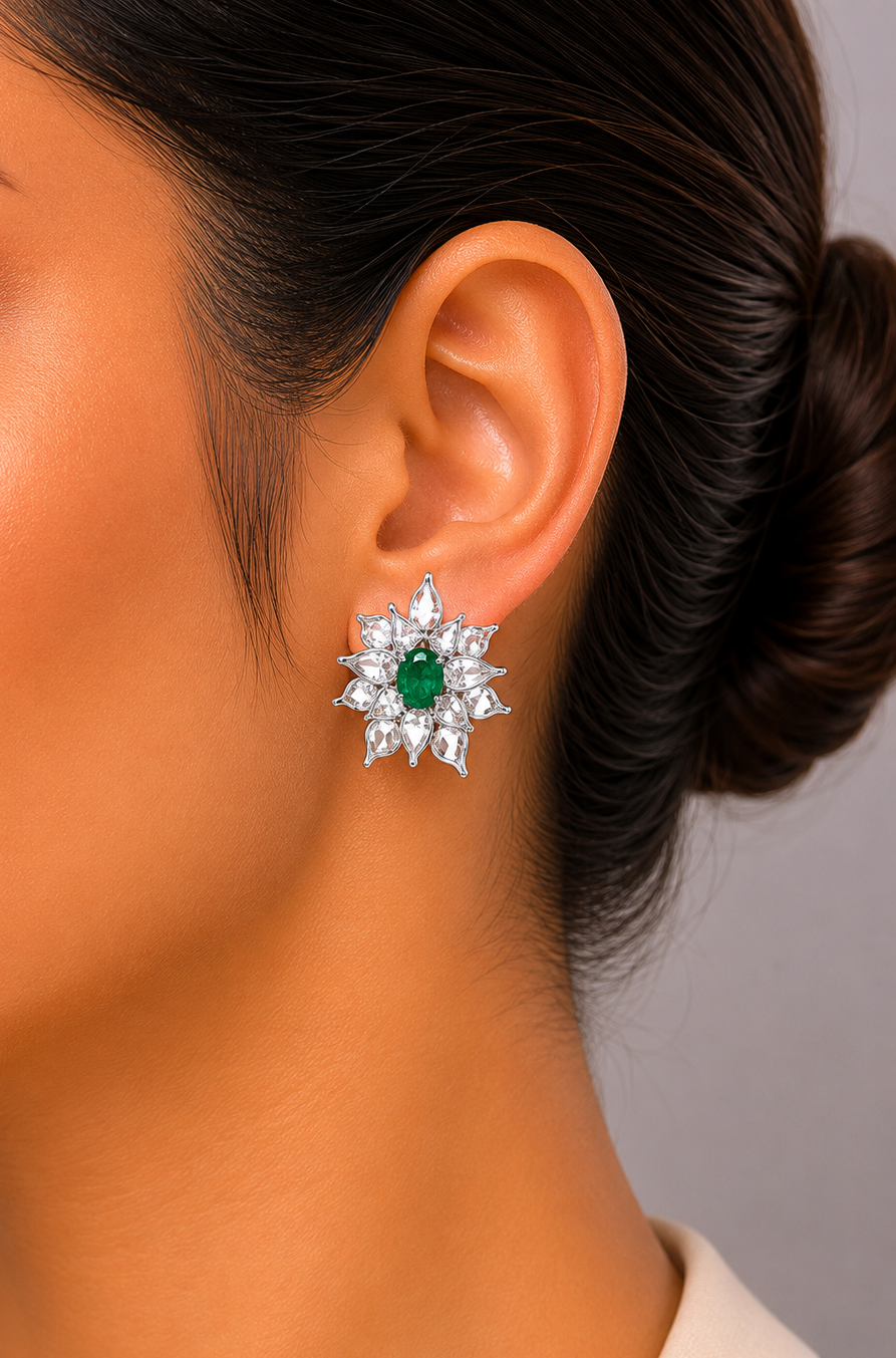 4.20 ct Oval Emerald with Rose Cut Diamond Earrings in 18K Gold