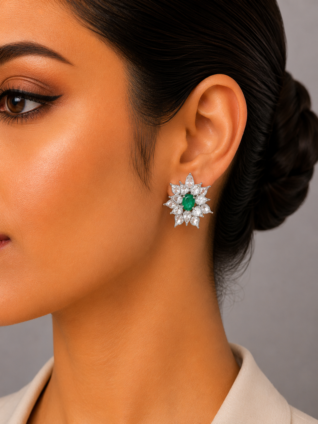 4.20 ct Oval Emerald with Rose Cut Diamond Earrings in 18K Gold