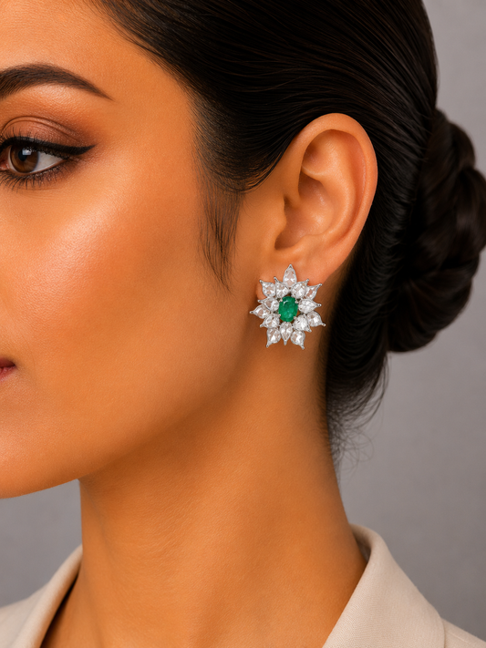 4.20 ct Oval Emerald with Rose Cut Diamond Earrings in 18K Gold