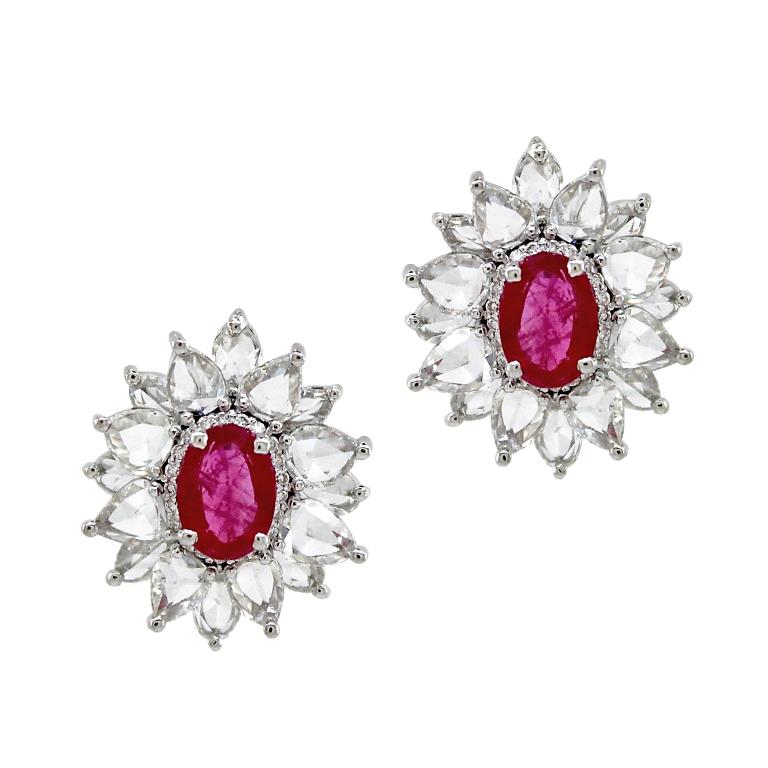 2.91 ct Oval Sapphire with White and Rose Cut Diamond Earrings in 18K Gold