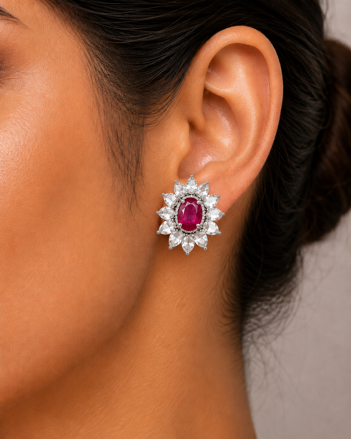 2.91 ct Oval Sapphire with White and Rose Cut Diamond Earrings in 18K Gold