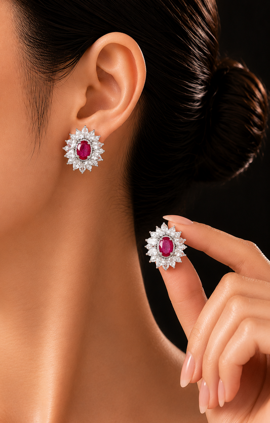 2.91 ct Oval Sapphire with White and Rose Cut Diamond Earrings in 18K Gold