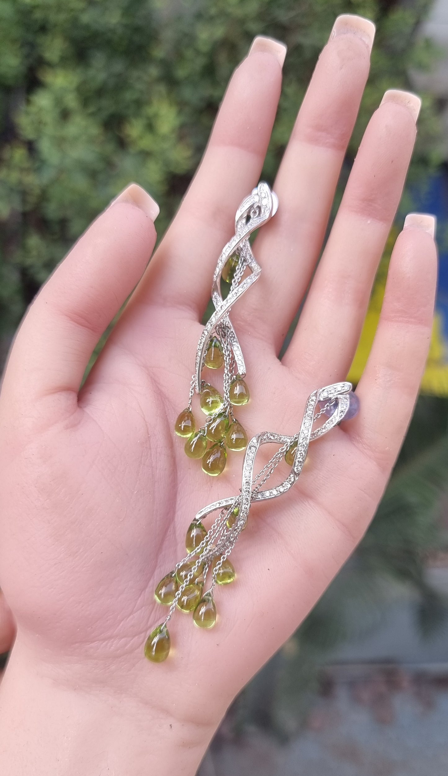 1.94 ct Pear Peridot with White Diamond Earrings in 18K Gold